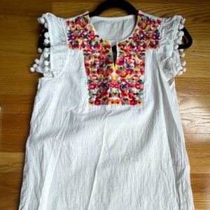 White Embroidered Mexican Inspired PomPom Dress